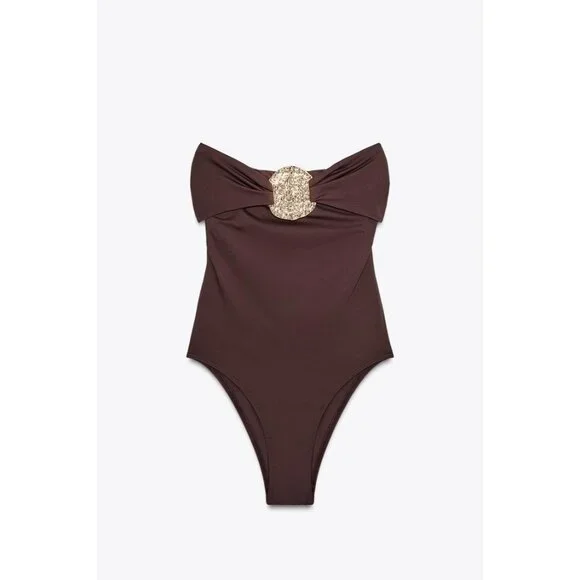 Zara Womens Swimsuit Large Brown Metal Draped Bandeau One Piece 0167/217 NWT - Picture 3 of 15